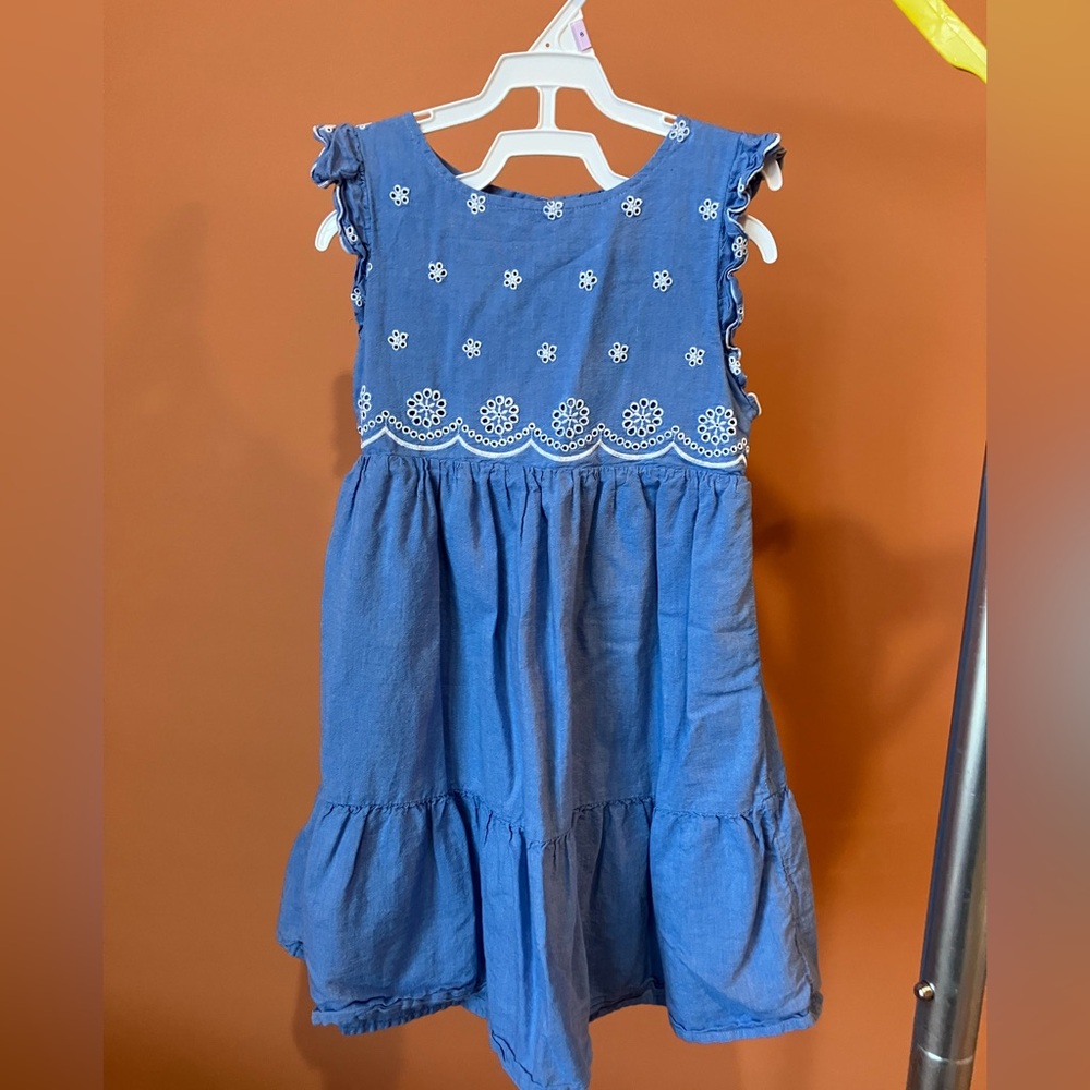 Blue Chambray Dress with White Embroidered Details